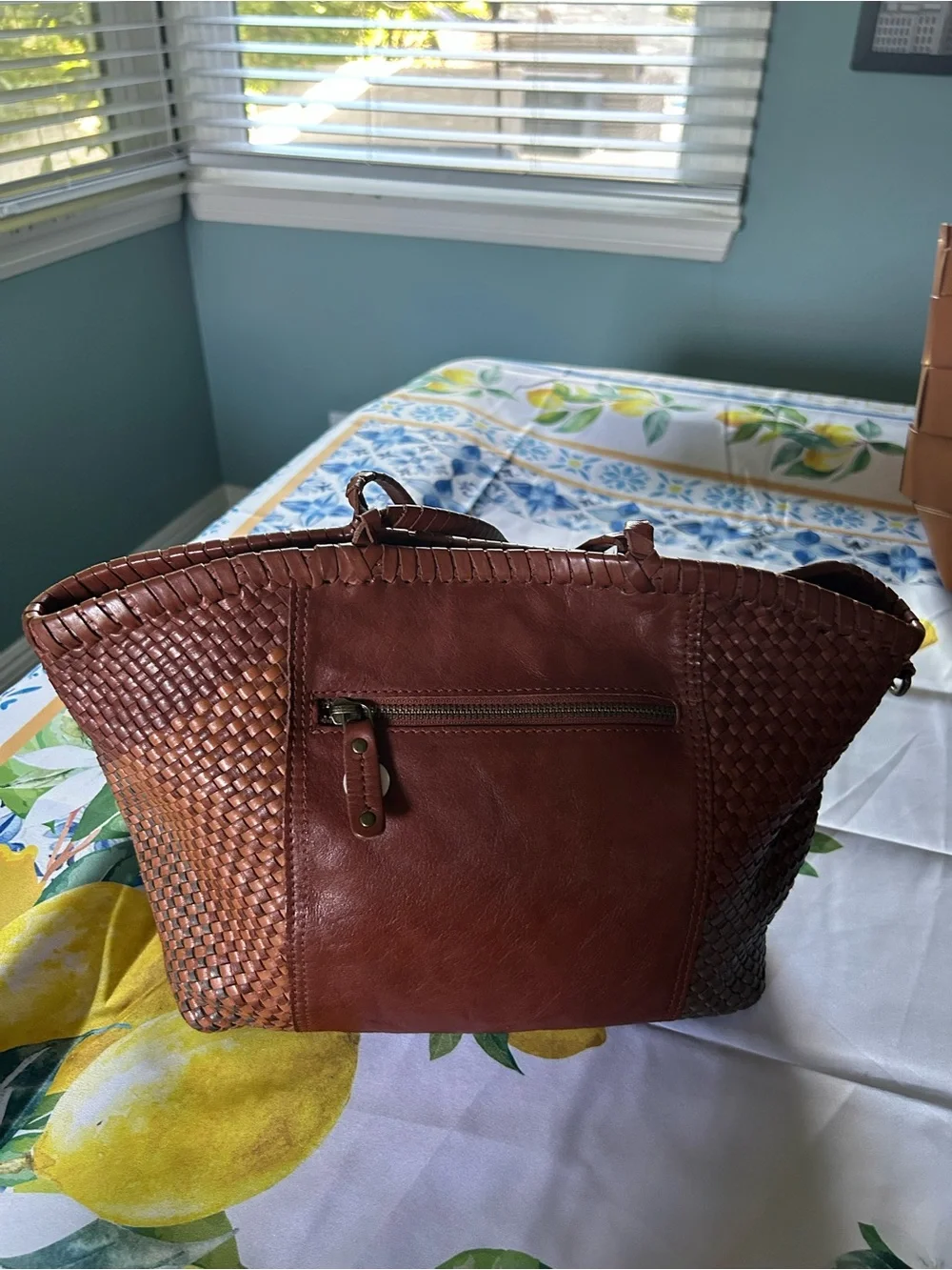 Woven Genuine Leather Tote Bag - Brown Ombré - Picture 2 of 4